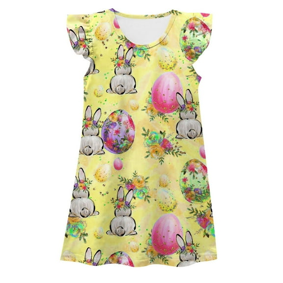 JUoaLXG Toddler Girls Casual Dresses Summer Easter Bunny Print Round Neck Flying Sleeve Comfortable Homewear DressHoliday Wear,Yellow,4-5 Years