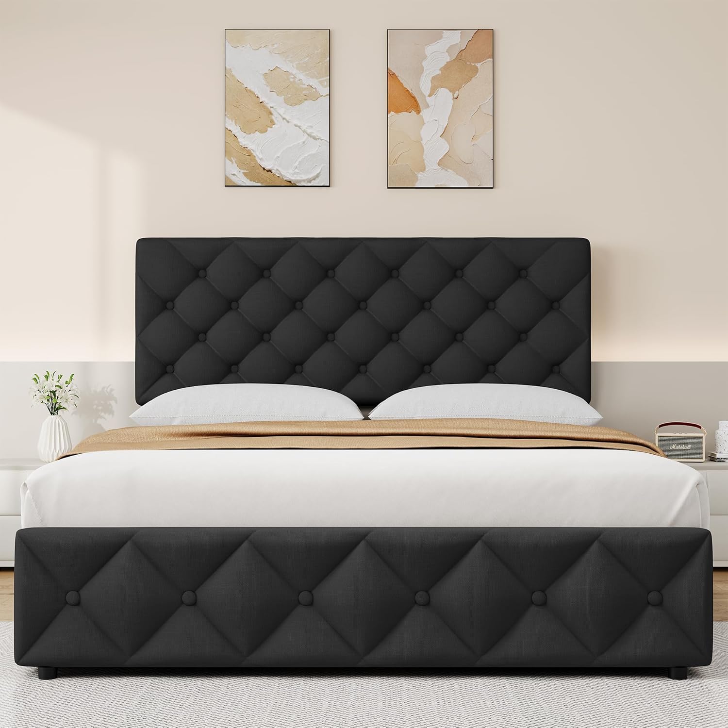 Full Bed Frame with Adjustable Headboard & 4 Storage Drawers, Button Design, No Box Spring, Noise-Free, Black