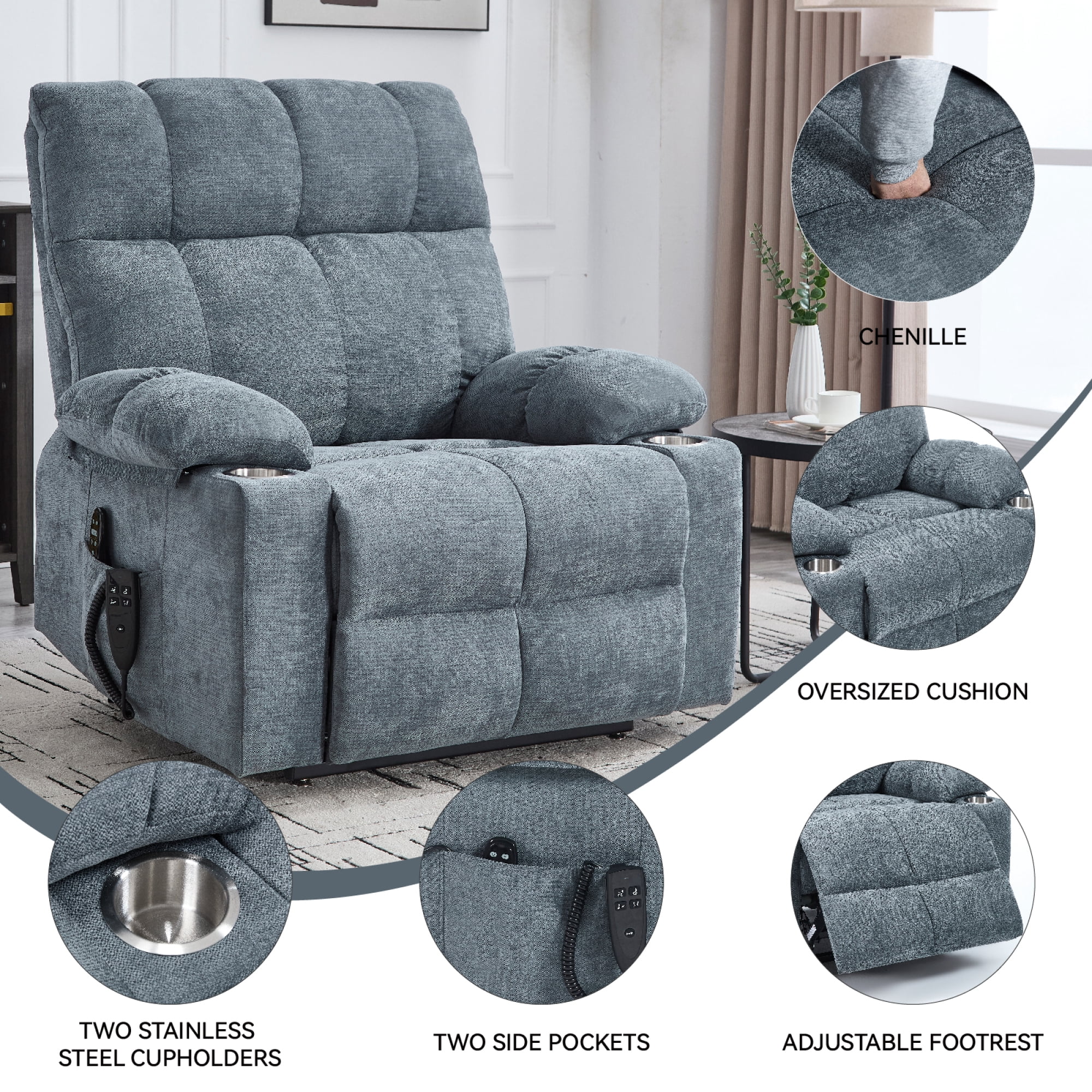 Leumius Power Lift Recliner Chair for Elderly,Heavy Duty Recliner with 8-Point Vibration Massage and Lumbar Heating,Infinite Position,Up to 350 LBS,Gray-Blue