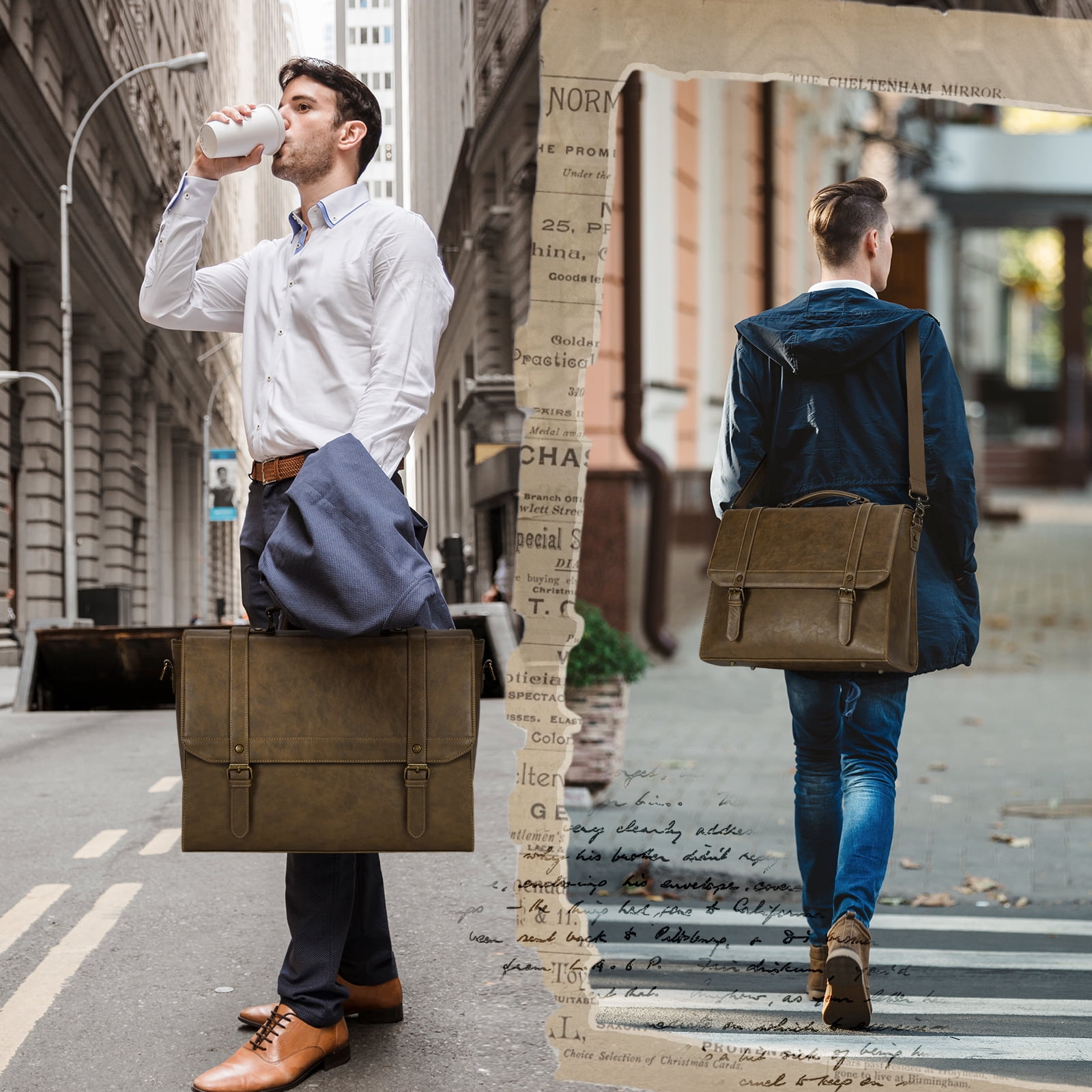 RAINSMORE Messenger Bag for Men 15.6 inch Vintage Leather Waterproof Laptop Briefcase Computer Laptop Bag Large Satchel Bag Retro Shoulder Bag for Office Business College,Khaki