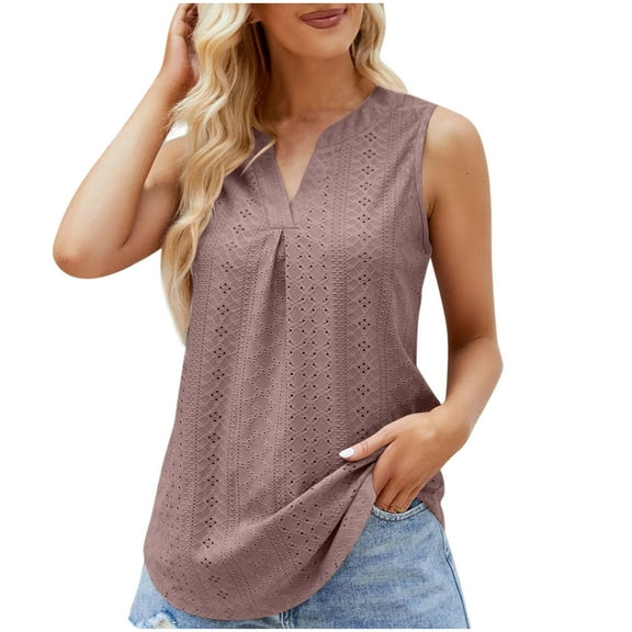 gakvbuo Summer Tank Tops For Women 2024 Eyelet Sleeveless V-Neck Hollow Out Tunic Tops Casual Pleated Tank Vests Blouses Shirts