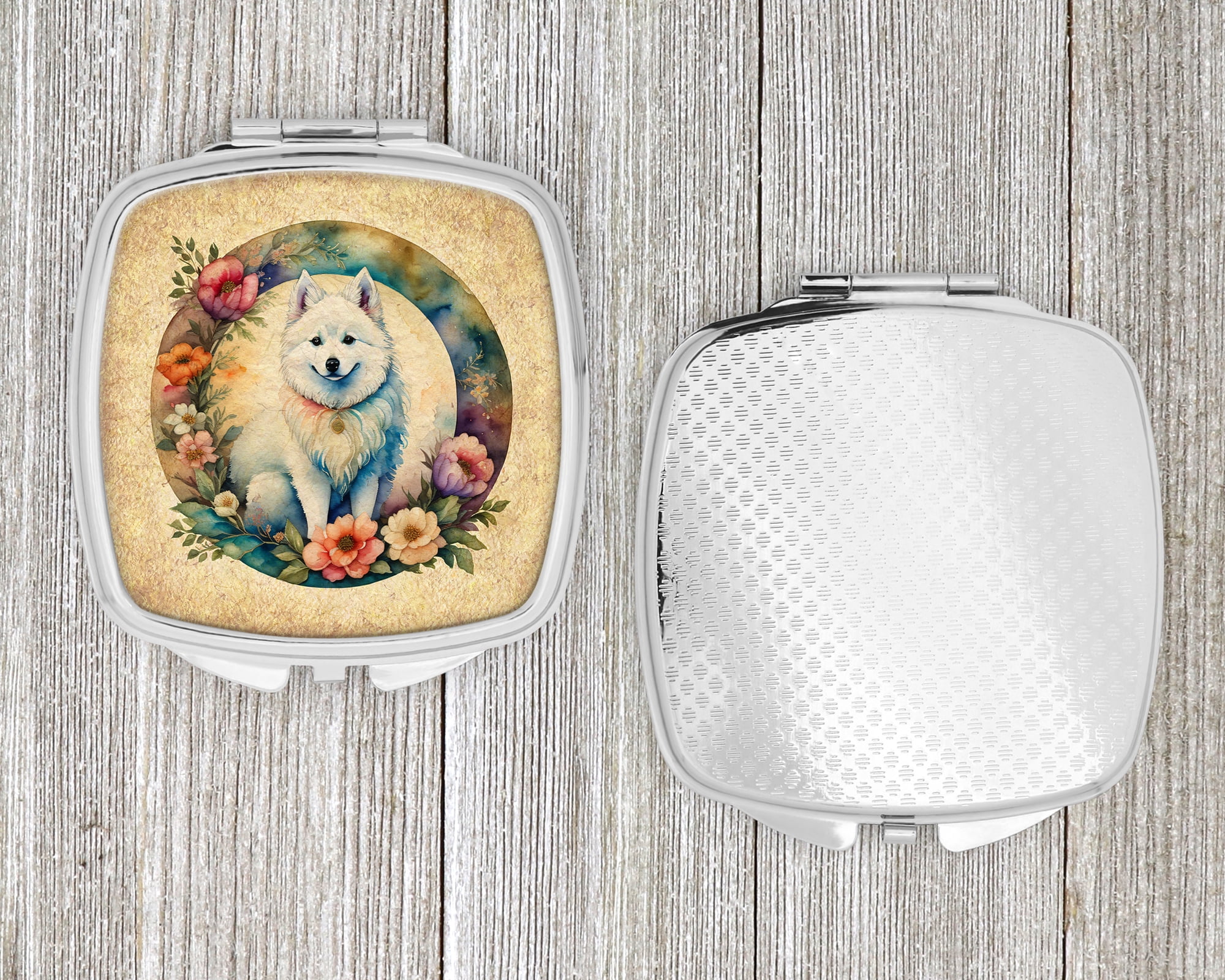 American Eskimo and Flowers Compact Mirror 2.75 in x 3 in