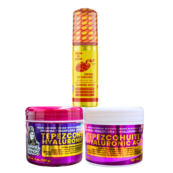 Tepezcohuite Hyaluronic Acid Facial & Body Cream Day & Night Hyaluronic Acid (4oz)Set with Vibora de Cascabel Foaming Wash, Vitamin E Moisturizing Bundle, 3-Piece