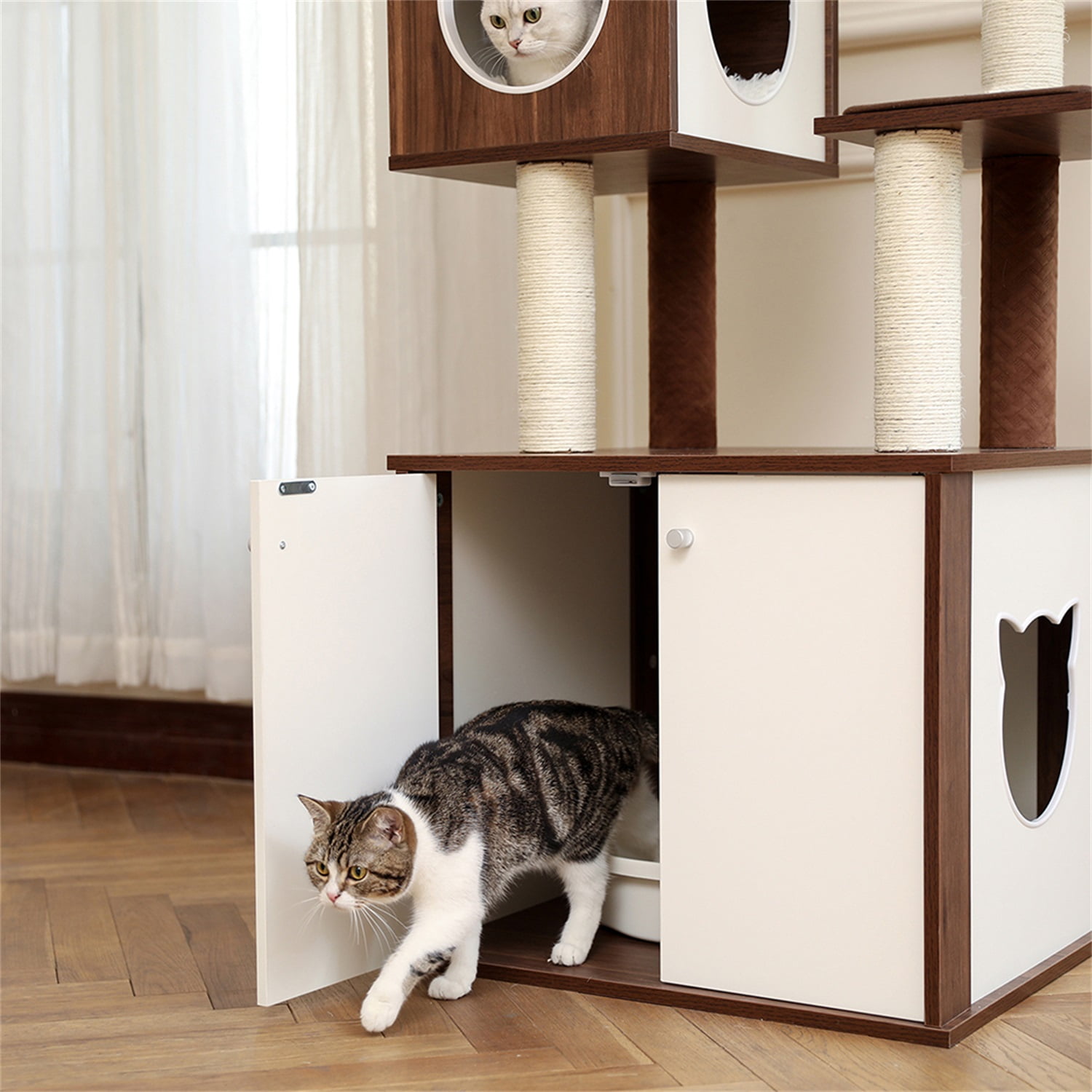 Pefilos Modern Cat Tree for Indoor Cats, 59”Multifunctional Cat Tree Tower for Adult Cats with Little Box Cabinet, Cat Condo for Large Cats, Wood Hidden Litter Box Furniture for Cat, Brown Pefilos Modern Cat Tree for Indoor Cats, 59”Multifunctional Cat Tree Tower for Adult Cats with Little Box Cabinet, Cat Condo for Large Cats, Wood Hidden Litter Box Furniture for Cat, Brown