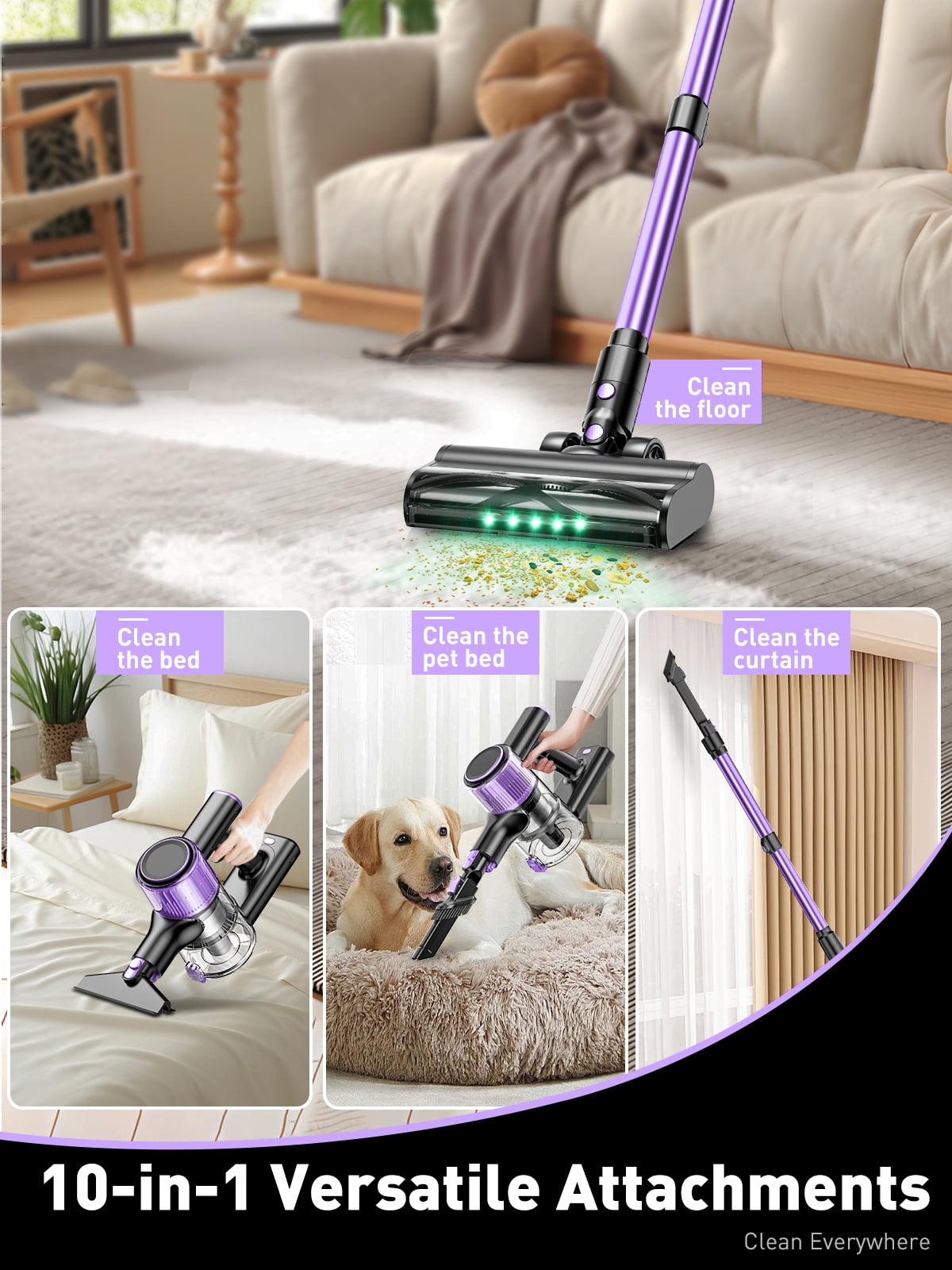 Cordless Vacuum Cleaner, 40Kpa Stick Vacuum with Powerful Suction, Hose, Green LED Light, Anti-Tangle Brush, Lightweight Rechargeable Vacuum Cleaner for Home, Hardwood Floors, Carpets,Purple