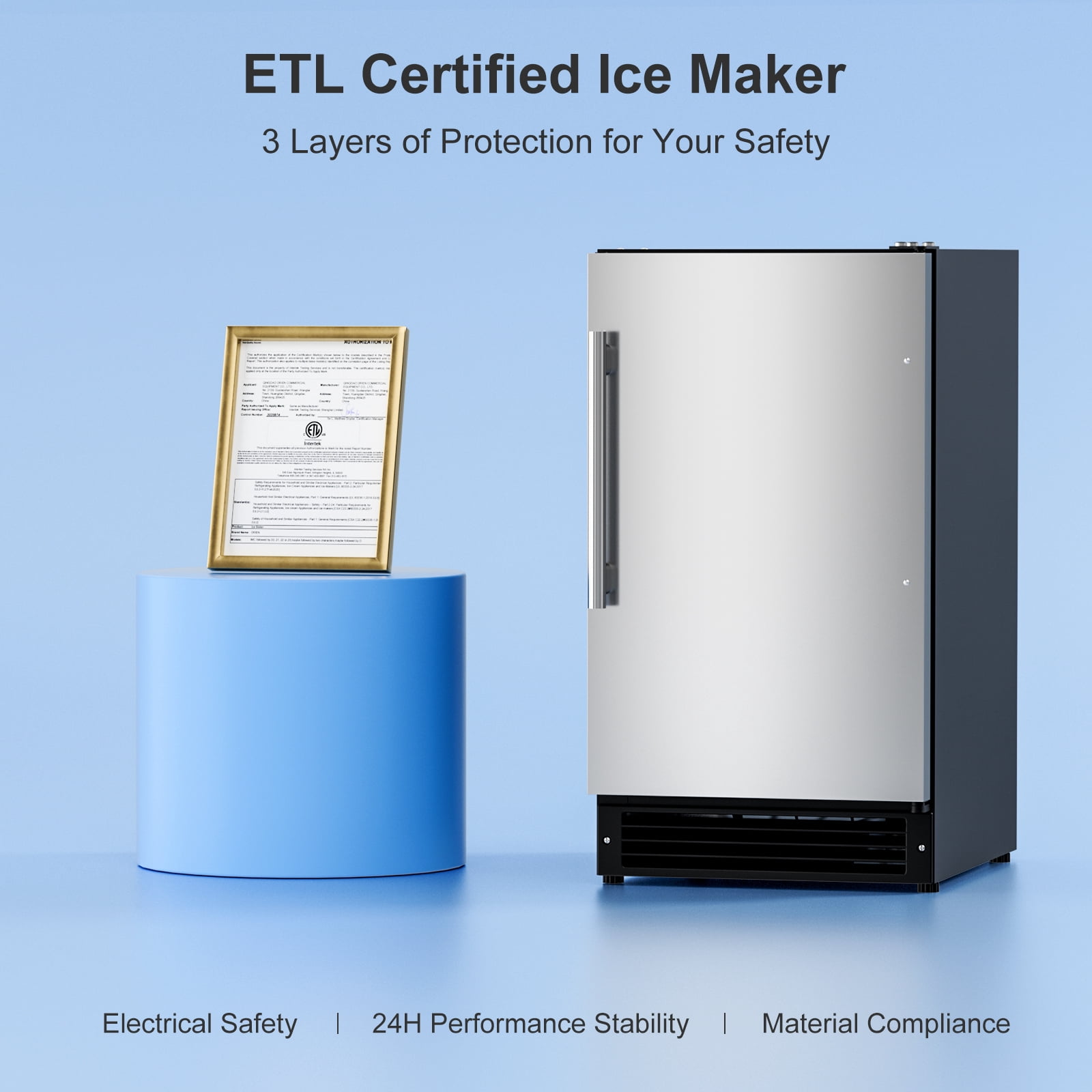 RIOXC Drainless Ice Maker 15" W with 22LBS Storage Bin, Free-Standing Under Counter Ice Maker Cabinet Ready, Crescent Ice for Home, No Drain Required, ETL Approved