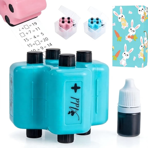 2026 New Math Roller Stamp, 4 in 1 Math Practice Roller Stamp Set, Math Teacher 4 in 1 Roller Stamp Refill Ink, Addition, Subtraction for Classroom & Home Use (Pink*1)