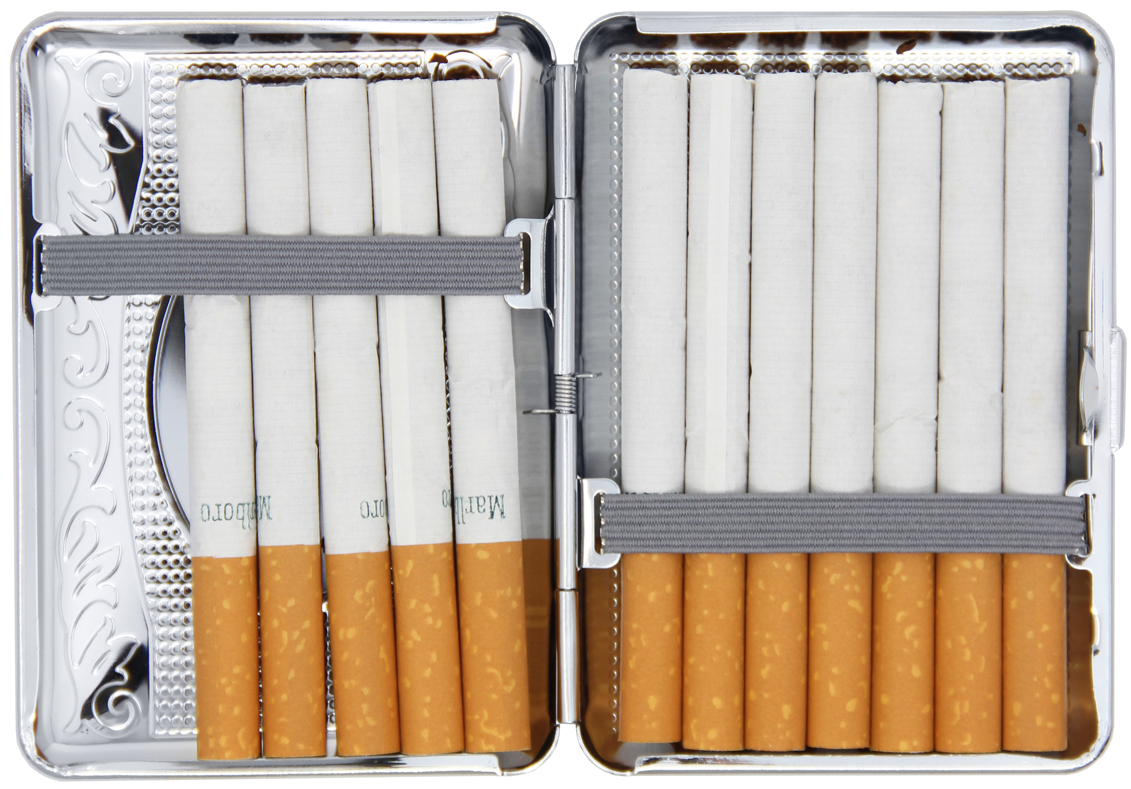 Set of 2 Compact Metal-Plated King Size Cigarette Case With Elastic Bands (Silver Victorian Vines)