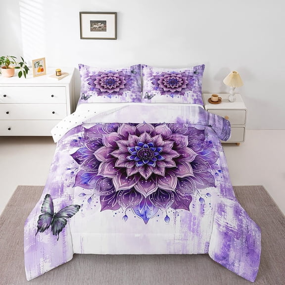 Chic Floral Twin Size Comforter Set Women Mandala Flower Bedding Set,Purple Ombre Down Comforter Gradient Oil Painting Bed Set,Vintage Watercolor Quilted Duvet