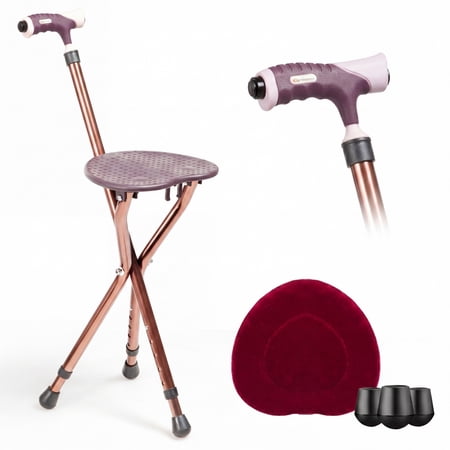 ELLEGNT Folding Walking Cane with Seat and LED Light, 5-Level Adjustable Portable Cane Chair