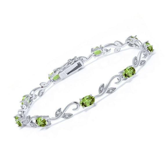 Gem Stone King 925 Sterling Silver Oval Green Peridot and Diamond Greek Vine Tennis Bracelet for Women (4.63 Cttw, Gemstone Birthstone, 7 inch)