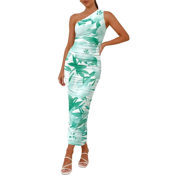 Vestido PRETTYGARDEN de un solo hombro con fruncido floral verde XL
