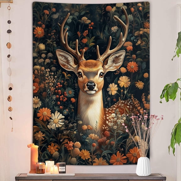 Boho Aesthetic Fox Vertical Tapestry, Retro Dark Witchy Botanical Flowers Deer Art Wall Tapestries, Hippie Colorful Floral Night Sky Tapestry for Bedroom Ceiling Office Living Room, 40X60IN