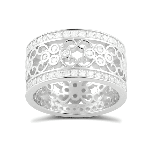 White Gold Plated Sterling Silver Wide Filigree CZ Statement Ring - Size 4