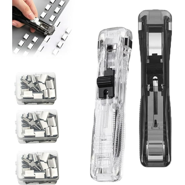 Portable Binder Clip Stapler - Includes 50 Reusable Clips, Handheld Paper Clam Clip Dispenser, Reusable Fast Paper Clipper for Office Home (Trans+Black)