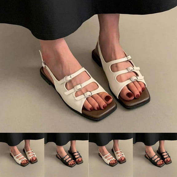 Miluxas Womens Flat Sandals Square Open Toe Slingback Shoes with Adjustable Ankle Buckle Casual Cute Summer Roman Sandal Black 9(42)