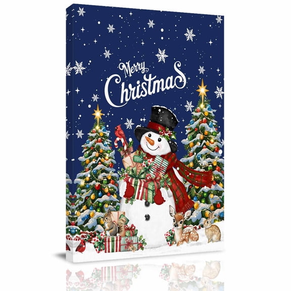 Canvas Wall Art, Navy Blue Christmas Snowman Framed Canvas Prints for Living Room Office, Xmas Tree Snowflake Botanical Large Gallery Wrapped Wall Decor for Home Office, Gifts, 16"x24" Ship Next Day