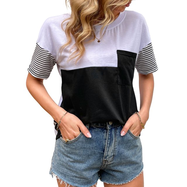 Camiseta mujer, Camiseta de manga corta para mujer Camisetas casuales con cuello redondo empalmado a Abody Extragrande