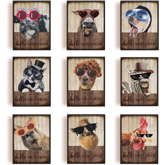 Set of 9 Funny Animal Wall Art Print Country Vintage Donkey Wearing Glasses Wall Poster Painting UNFRAMED Colorful Animals Wall Art for Bedroom Kitchen Living Room Bathroom Home Xmas Décor