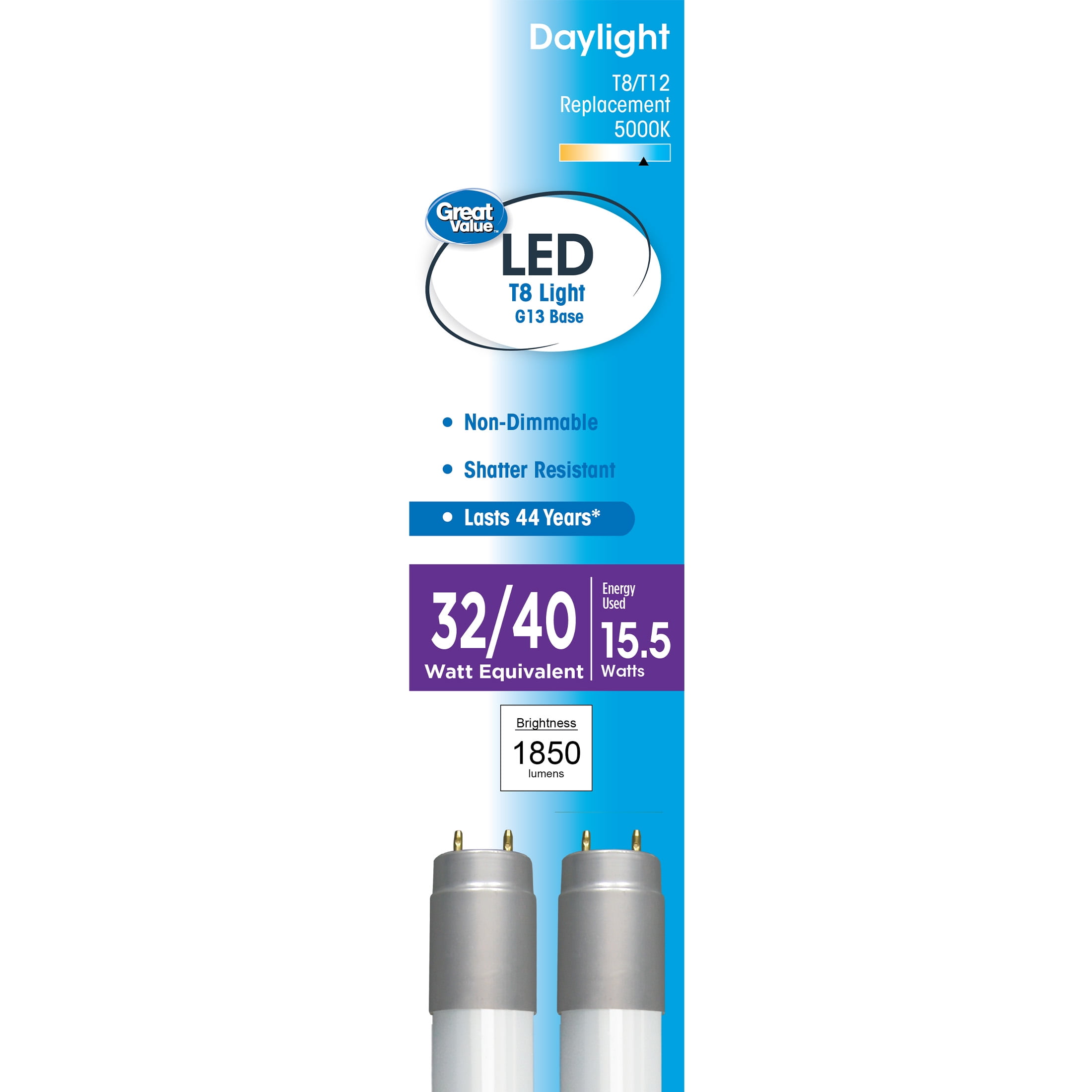 Verstikken Scharnier druiven Great Value LED Tube, 17 Watts (32W/40W Equivalent) T8/T12 Replacement Lamp  G13 Base, Non-Dimmable, Daylight, 48-inches, 2-Pack - Walmart.com