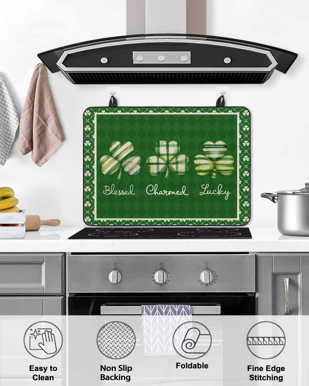 Large Induction Cooktop Protector Mat St.Patrick's Day Shamrock Stove Top Covers for Electric Stove, Green Lucky Leaf Farm Plaid Decorative Stove Burner Cover Mats, Glass Top Stove Cover