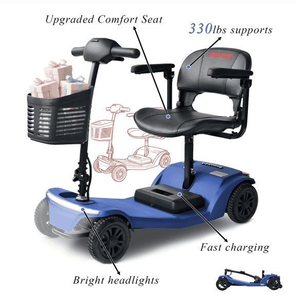 Segmart 4-Wheel Mobility Scooter for Seniors, Portable Foldable Electric Power Scooter with Flat-free tires,Removable Battery, 360° Swivel Seat,330 lbs Capacity,Blue