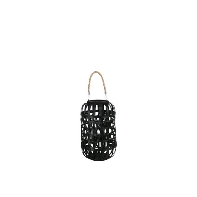 Benjara BM208244 Medium Wooden Lantern with Octagonal Cut Out & Rope Hanger - Black