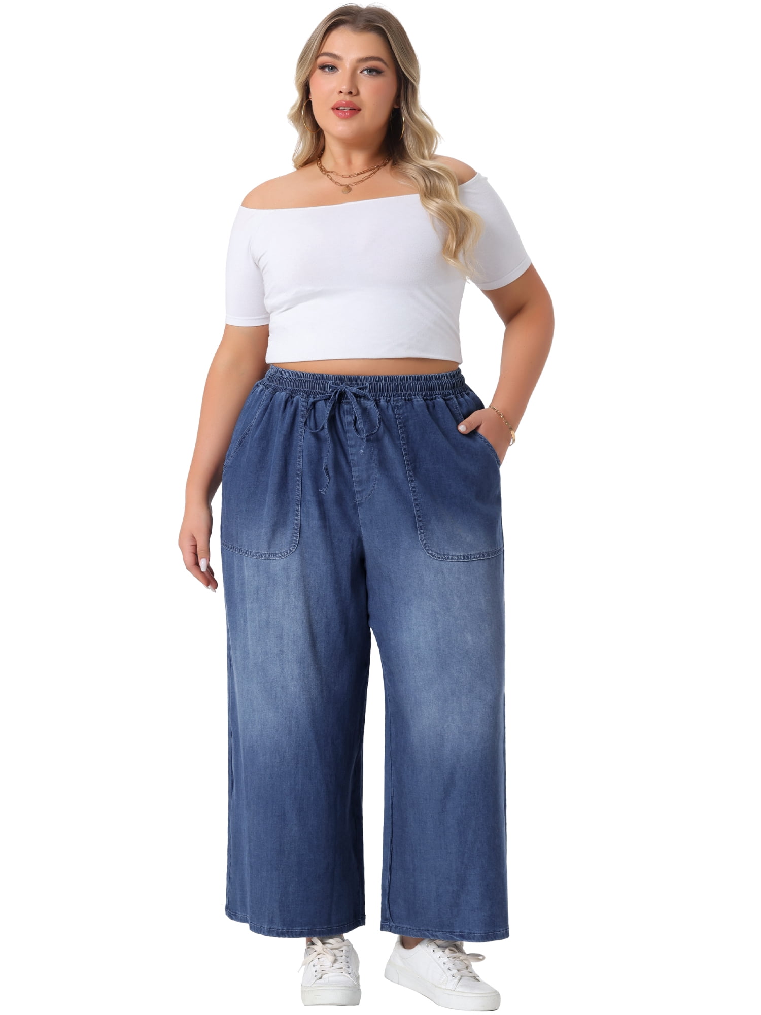 DARING DIVA Women's Plus Chambray Baggy Fit Jeans Denim Pants with Pockets 2X Black Blue