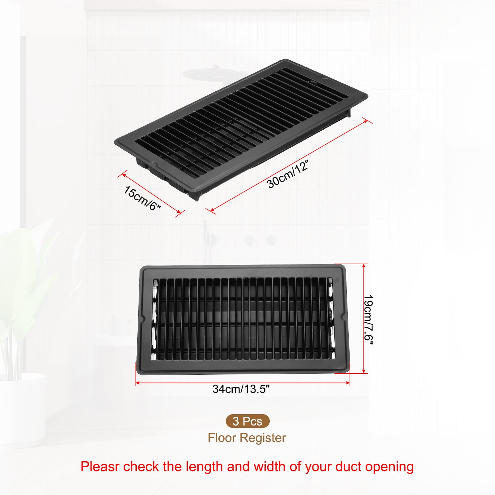 Uxcell 12 x 6 Inch Floor Register, 3pcs Heavy Duty Air Vent Cover Adjustable Floor Grates, Black