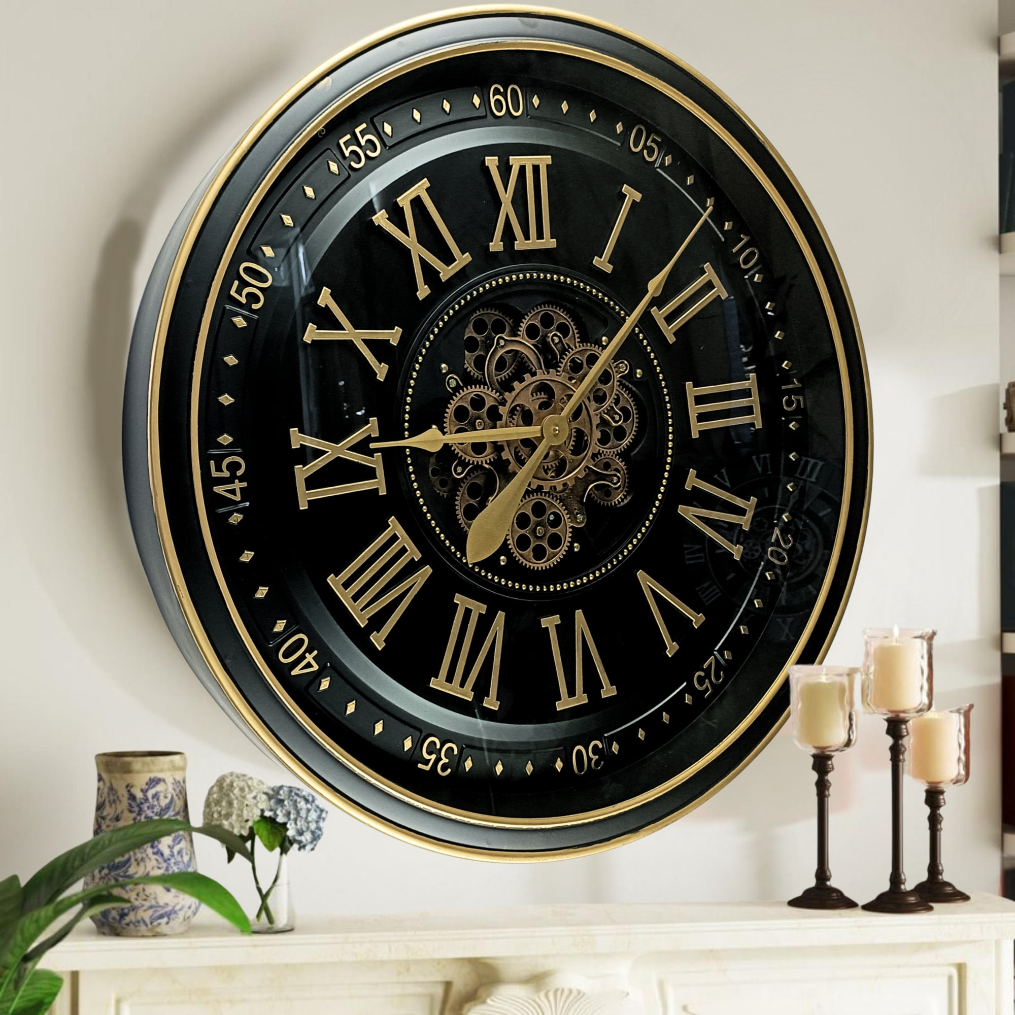 THE GEARS CLOCK Wall Clock with Real Moving Gears IR-LI_ 32 in Round BLACK-ANTIQUE