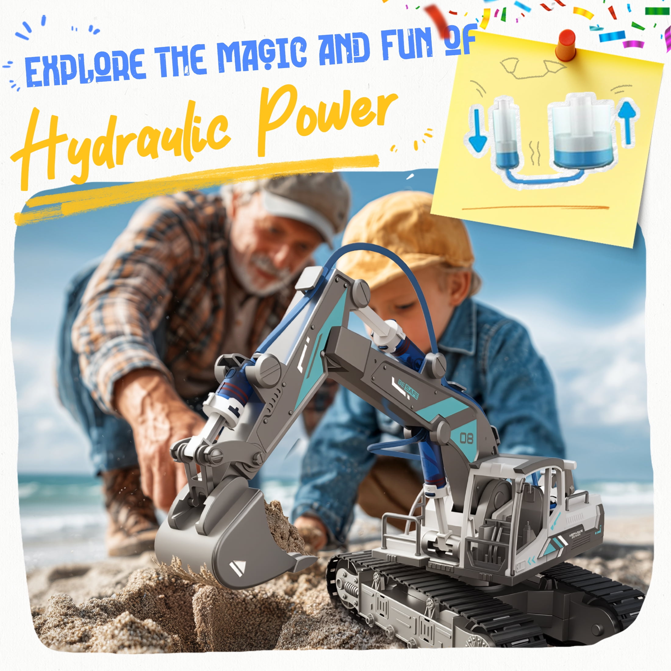 YCFUN Toy Crane Model Building Kit with Hydraulic, 3-in-1 Crane, Excavator & Wood Loader Construction Toy Truck, Erector Set for Kids 6-13