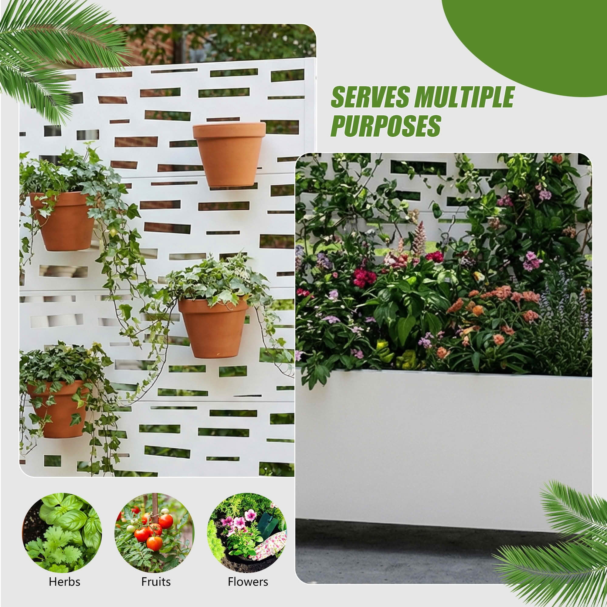 MAYEERTY 72X35" Metal Outdoor White Privacy Screen with Planter Box for Backyard & Garden, 5 Piece Set