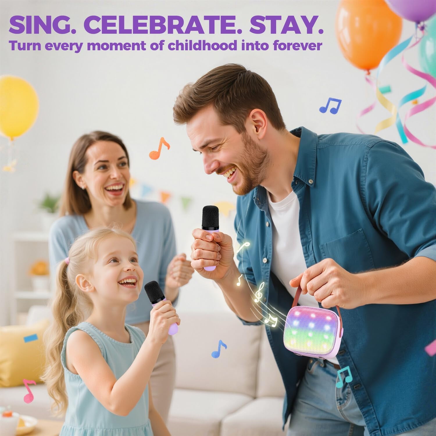 Mini Karaoke Machine with 2 Wireless Microphones,  Christmas Birthday Toy Gift （Purple)