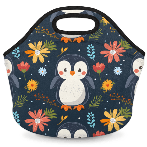 Herdesigns Penguin Neoprene Lunch Bag, Cute Insulated Lunch Box for Women Men Washable Lunch Tote Soft Lunch Container With Zipper for Work Picnic Travel