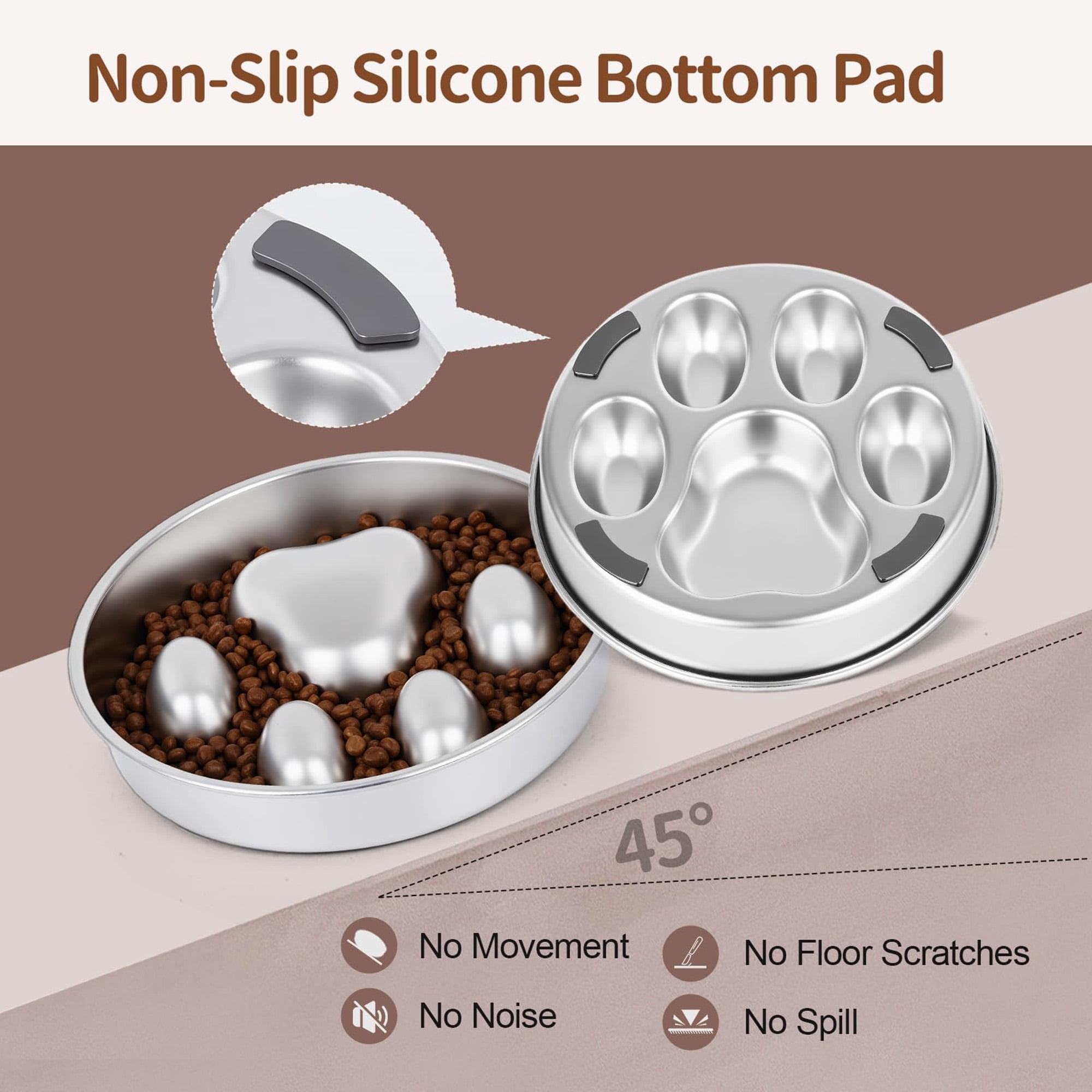 Slow feeder dog bowl stainless steel, non slip base slow eating bowl for fast eaters, raised obstacle design reduces bloat and indigestion for small medium large dogs, dishwasher safe pet bowl, siler