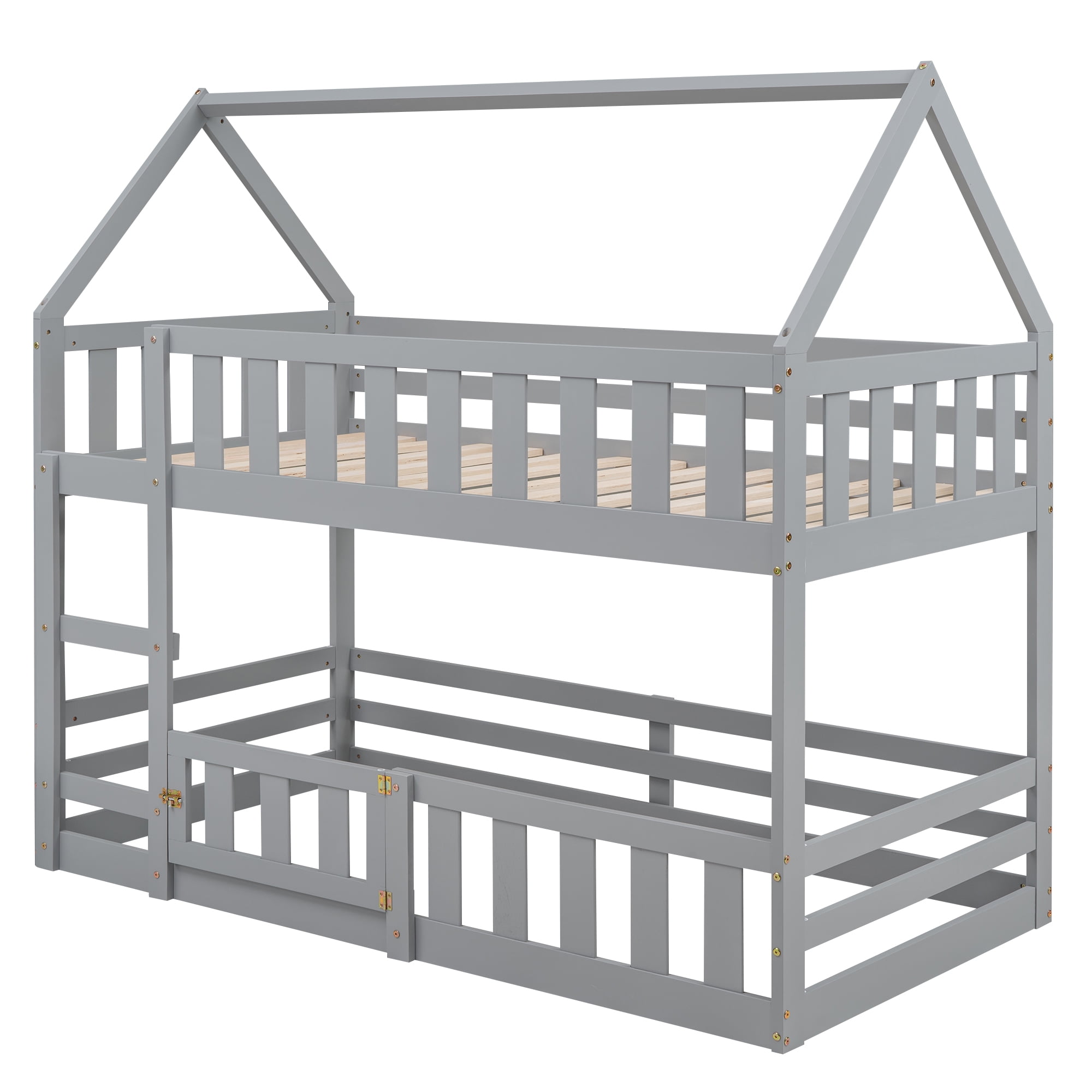 Aukfa Twin-over-Twin Bunk Bed with Fence and Door, Solid Wood House Bunk Bed for Kids Toddy - Gray