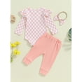 thumbnail image 4 of Musuos Baby Girl Fall Outfits 3M 6M 9M 12M 18M Checkerboard Print Long Sleeve Romper Solid Color Long Pants Headband 3Pcs Clothes Set, 4 of 9