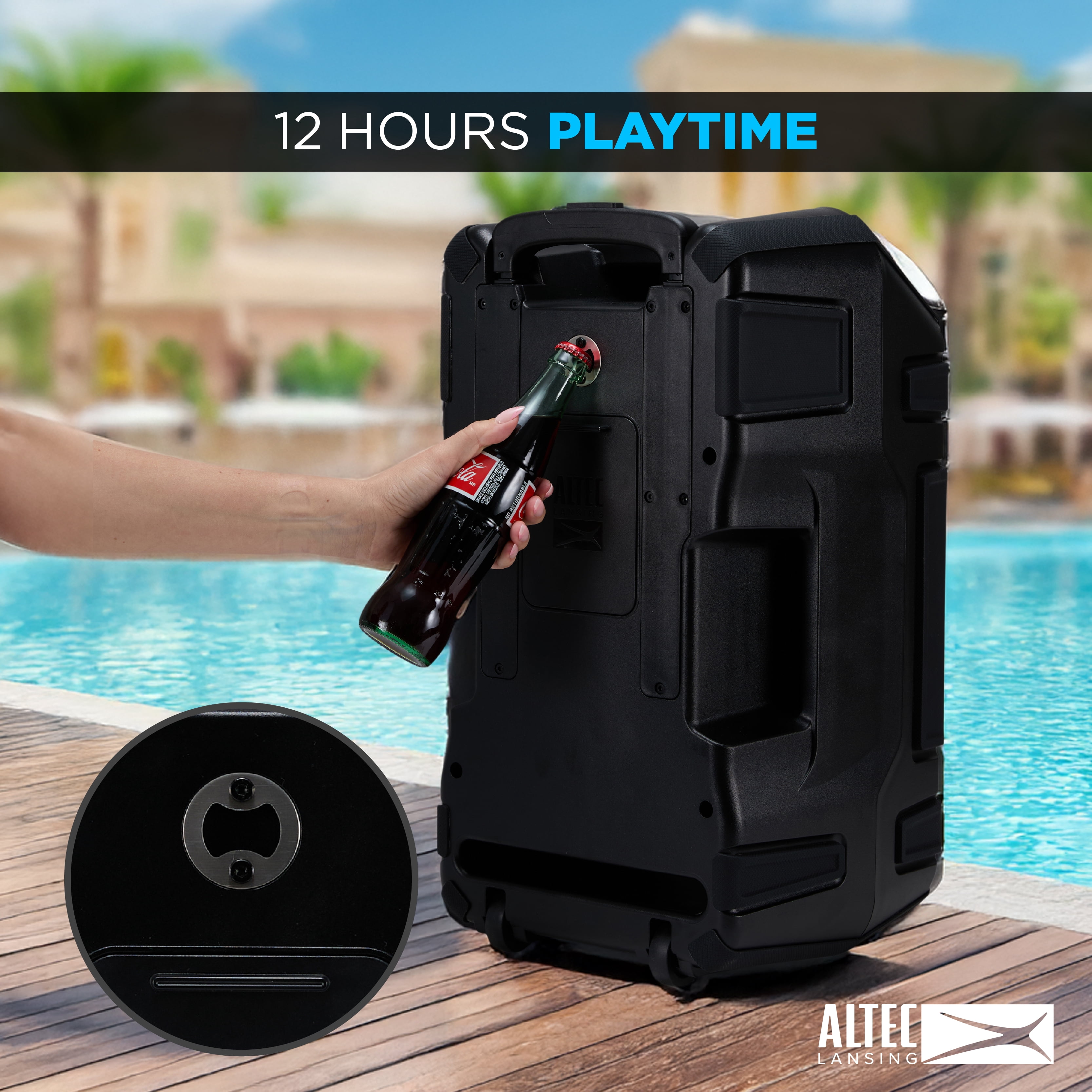Altec Lansing Sonic Boom 120 Bluetooth Party Speaker, 120W IP67 Waterproof Portable Speaker with Wheels & Handle, Up to 12H playtime & LED Party Lights, Bass Boost, FM Radio, Karaoke Mic/AUX Input