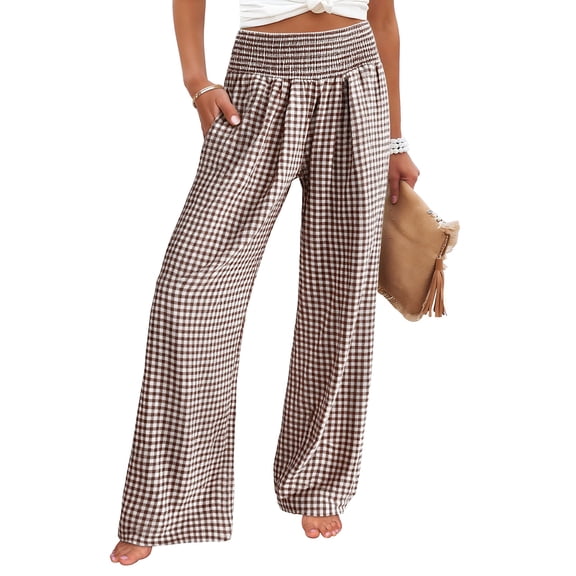 HKYNLAG Womens Wide Leg Pants Striped Gingham High Waisted Cotton Linen Lounge Pants Casual Comfy Trousers with Pockets Coffee L