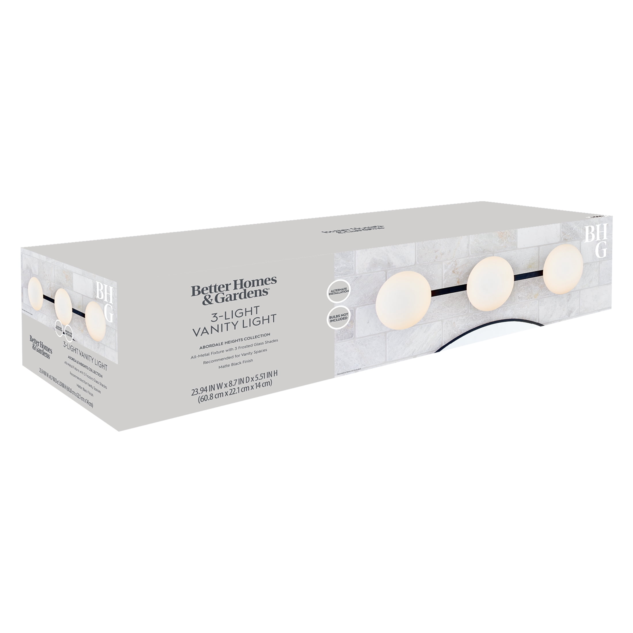 Better Homes & Gardens Modern Vanity Light, Black Finish, Frosted Glass Shades, T6 LED Bulbs