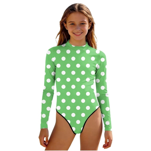 Swimsuit for Girls, Long Sleeve One Piece Rashguard, Solid Color Beach Vacation Swimsuit for Kids 2-13 Years