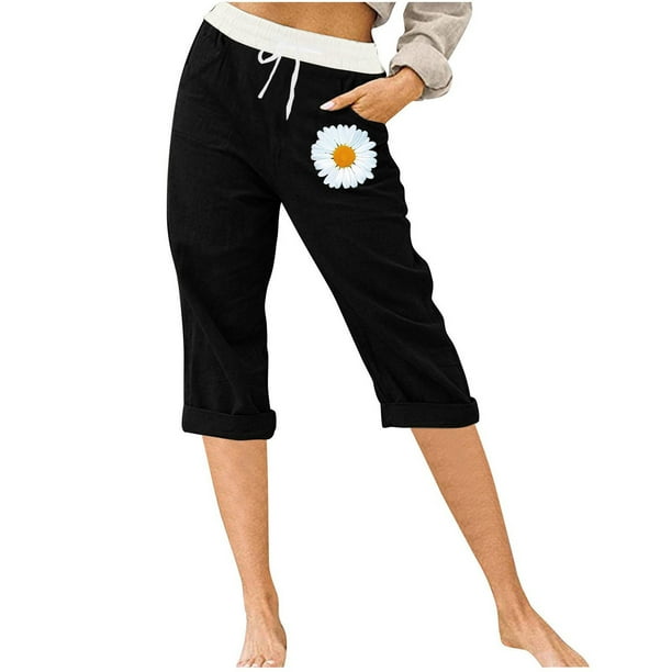 Pantalones Elásticos de Cintura para Mujeres Capris de Salida Casual Sólido con Bolsillos, Capris de Mujer para el Verano