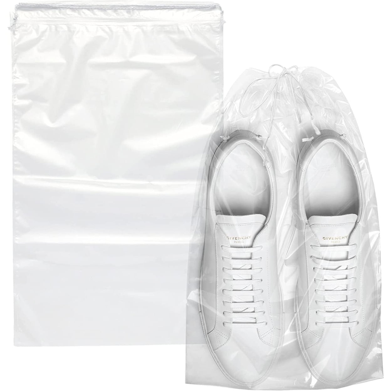 100 Pack Clear Plastic Travel Shoe Bags 12" x 18" 2 mil /w Double Polyester Drawstrings