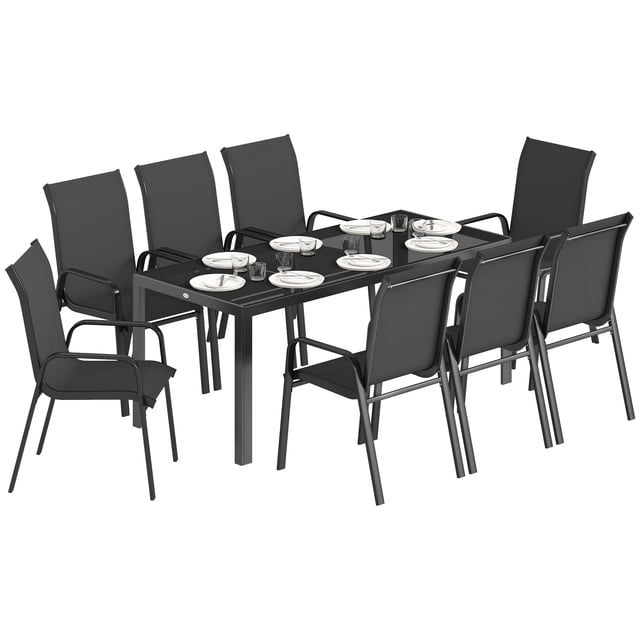 Outsunny 9PCS Patio Dining Set Patio Table and Stackable Chairs, Black