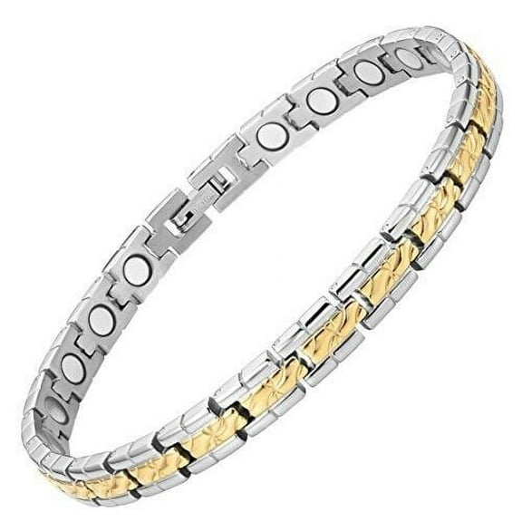 7.5" Womens Magnetic Titanium Steel Bracelet Silver Gold Brick Pattern and Fancy Box.