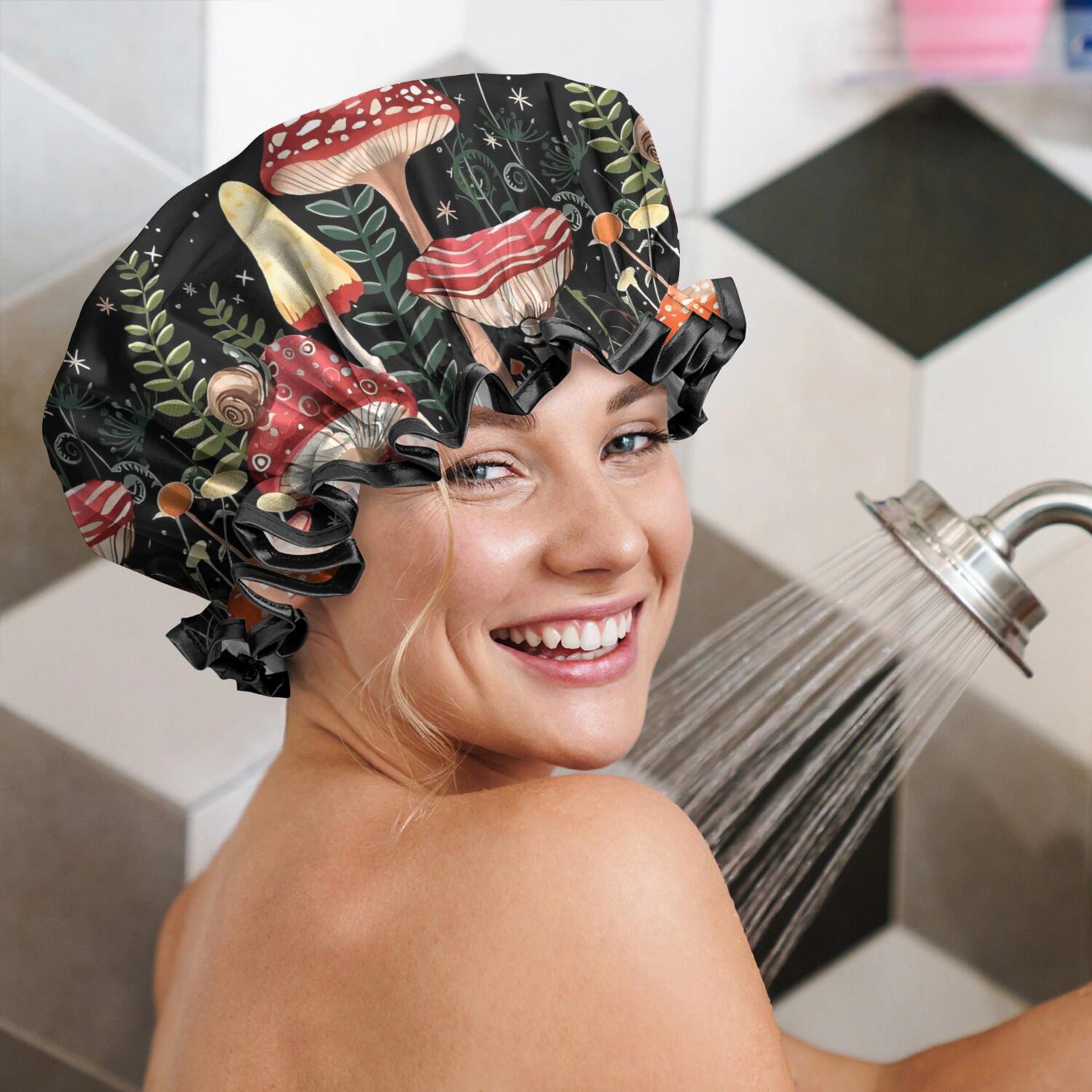 Shower Caps,Red Mushroom Butterfly Black Pattern Waterproof Shower Cap for Women 4 Pieces,Double Reusable Hair Cover for Shower PEVA Elastic Stretch Hem