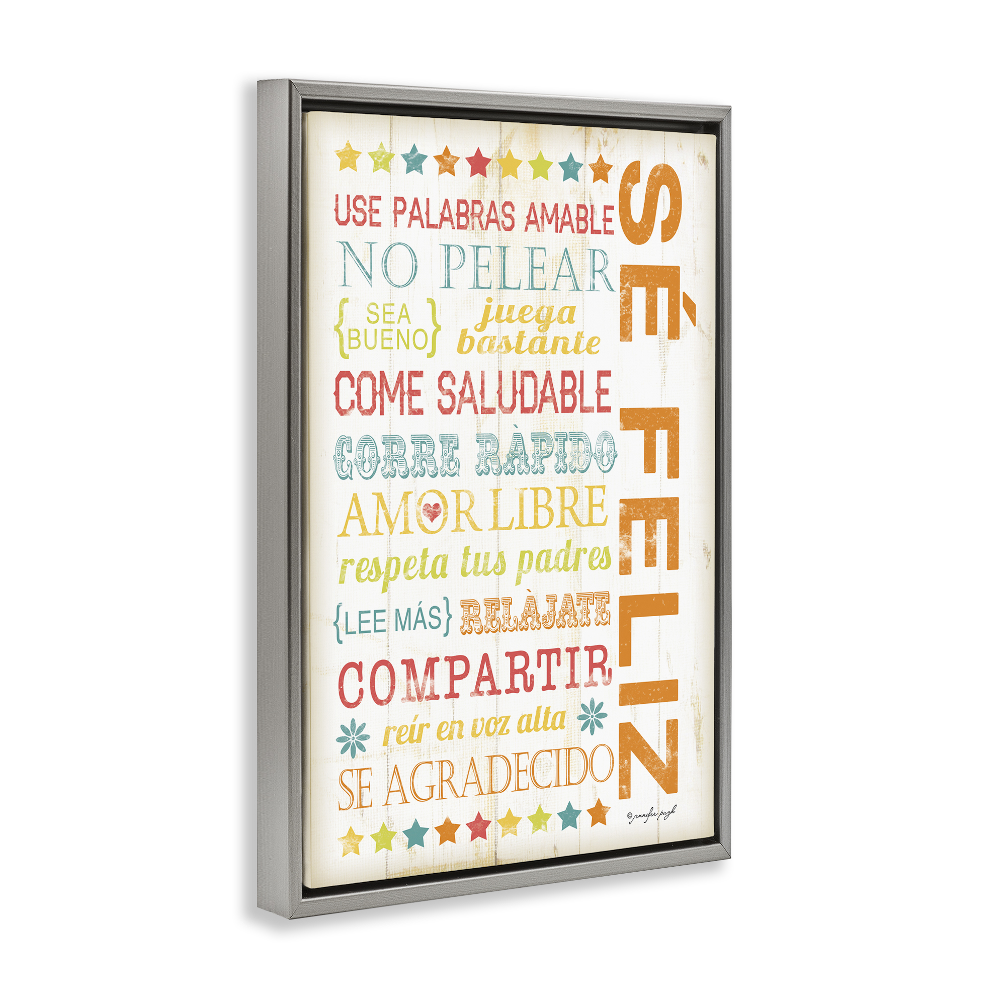 Stupell Industries Frases para Ser Feliz Inspirational Quotes & Sayings Painting Gray Floater Framed Art Print Wall Art, 17 x 25
