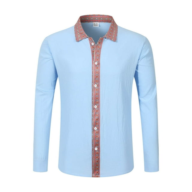 European Linen Long Sleeve Shirt with Ethnic Pattern Patchwork for Everyday Casual Wear Relaxed Fit Top for Spring and Autumn