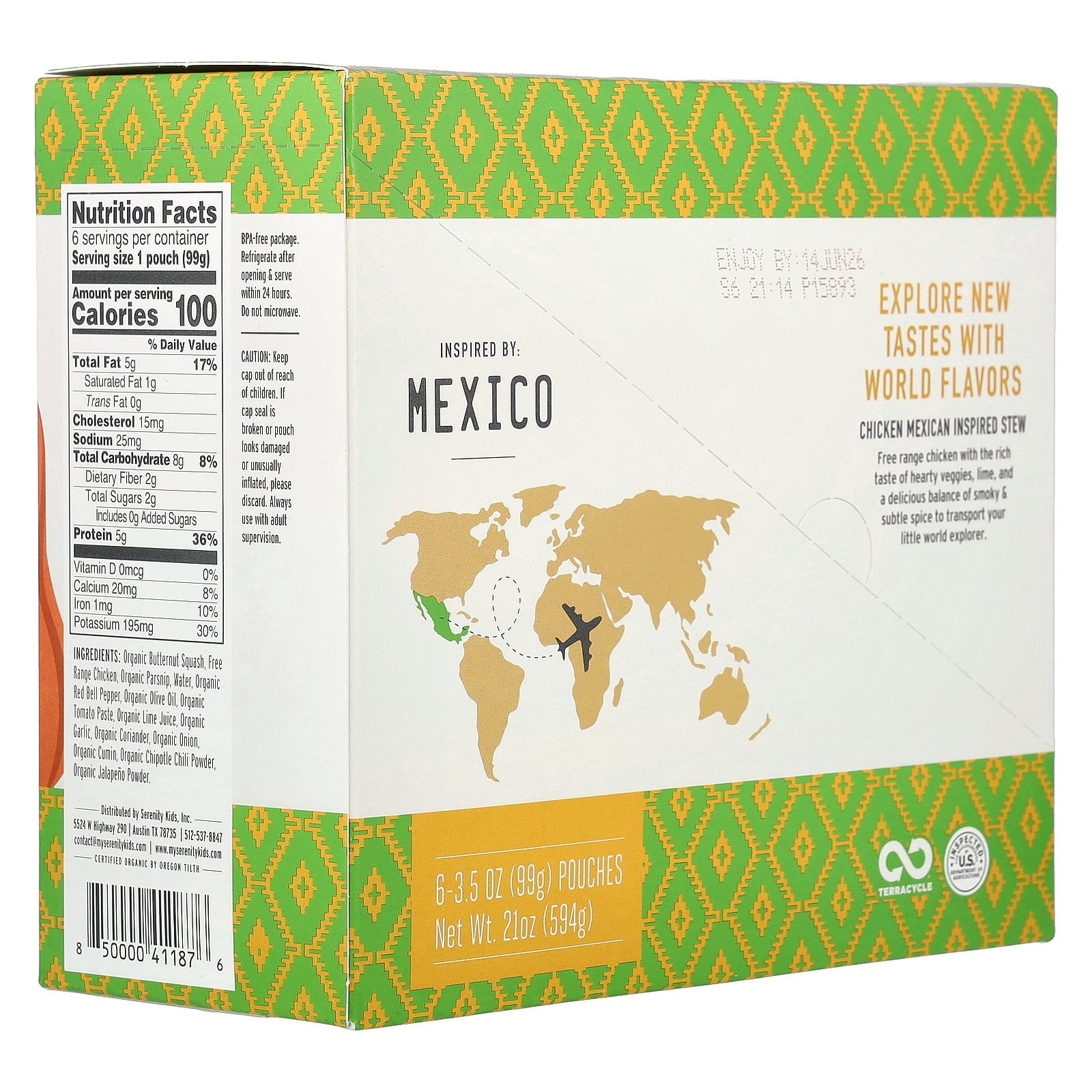Serenity Kids Free Range Chicken Mexican Inspired Stew with Butternut & Red Bell Pepper, 6+ Months, 6 Pouches, 3.5 oz (99 g) Each