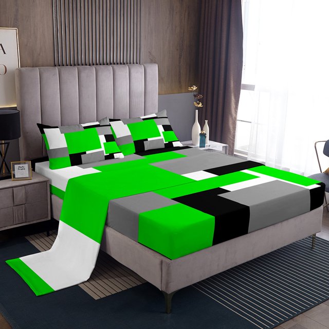 Erosebridal Chic Abstract Queen Sheet Sets, Green Bedding Queen Size, Rectangle Geometry Decor 4 Pieces